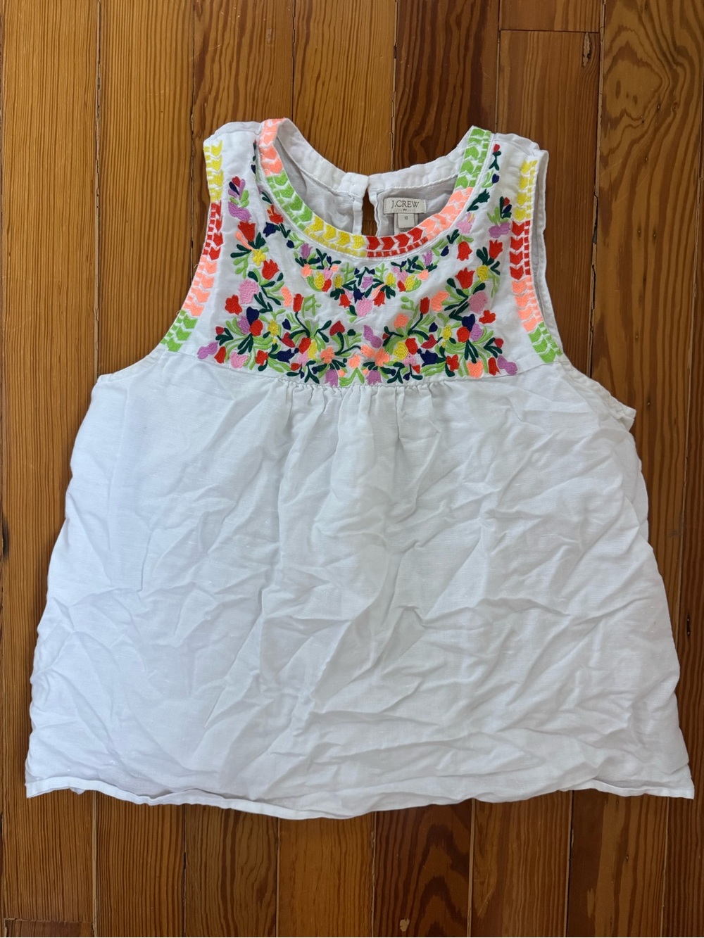 J. Crew White Sleeveless Top with Multicolor Floral Embroidery